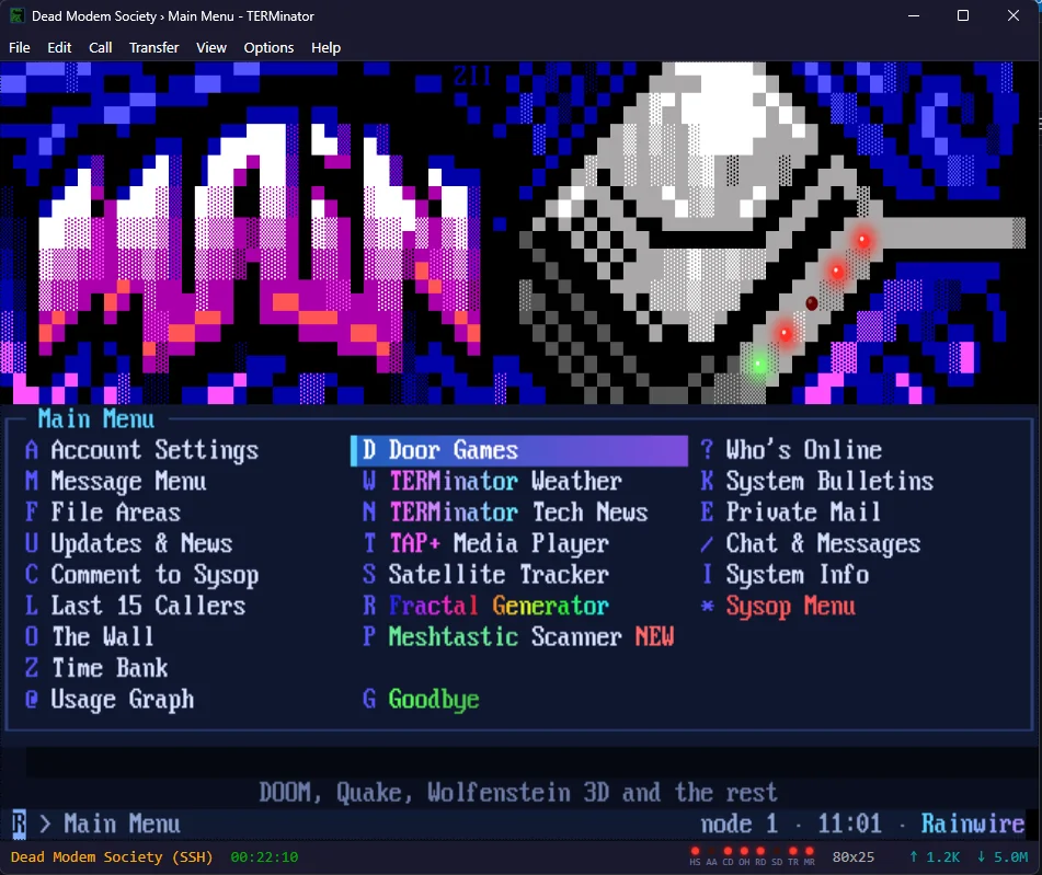 The Dead Modem Society main menu on Rainwire