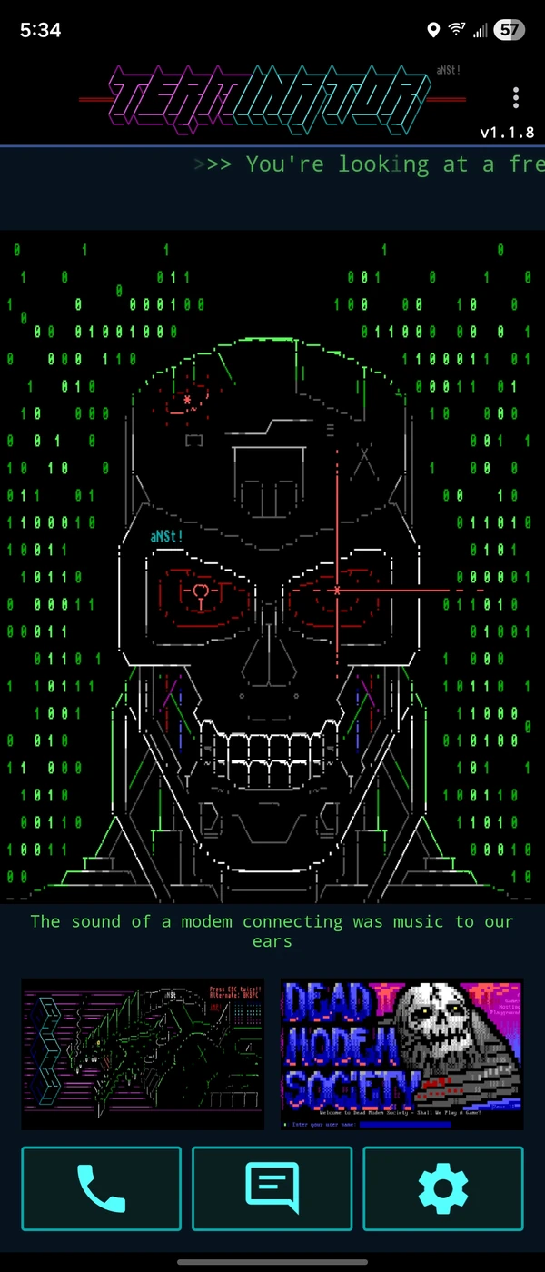 TERMinator Android - Home screen with ANSI art and quick connect