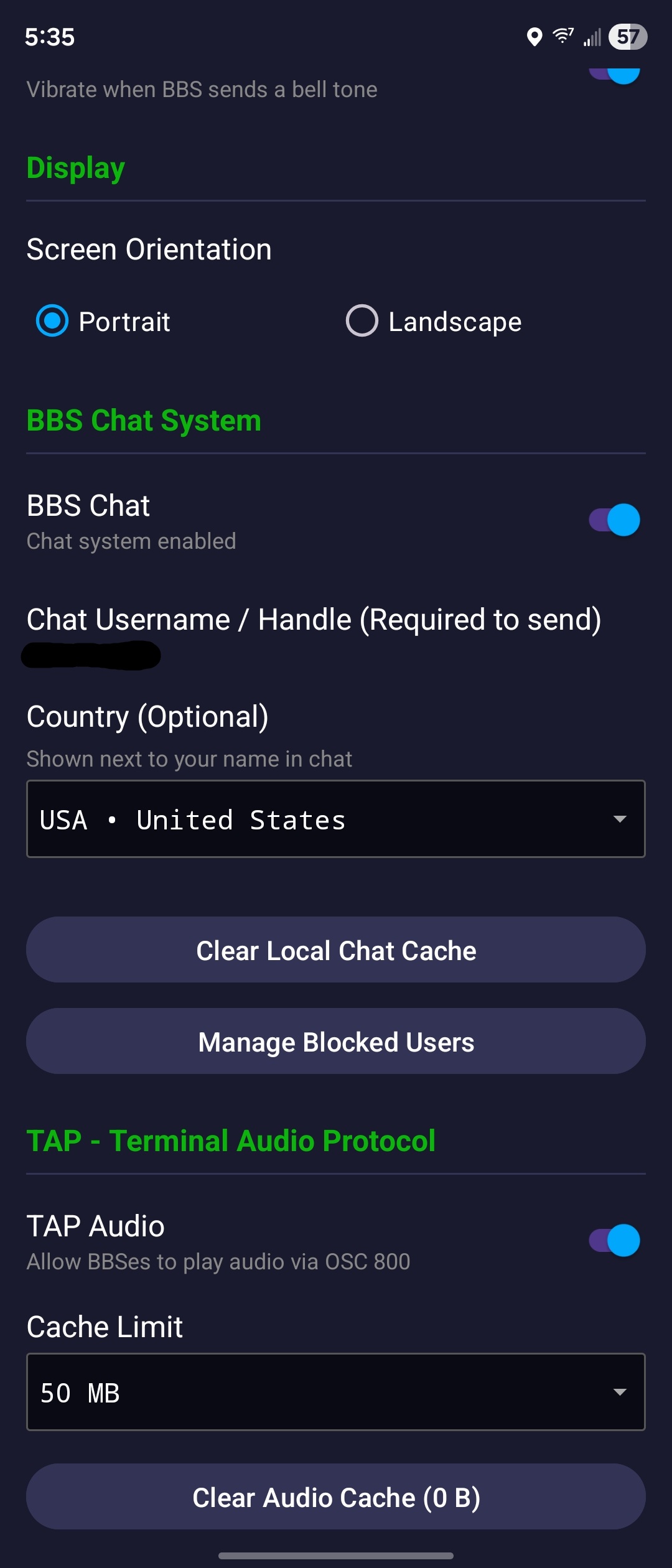 TERMinator Android - Settings including chat and TAP audio