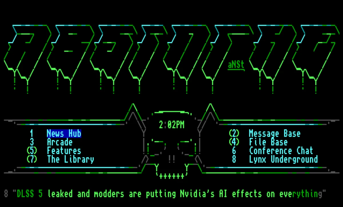 aBSiNTHE BBS main menu with a dripping ANSI logo and skull