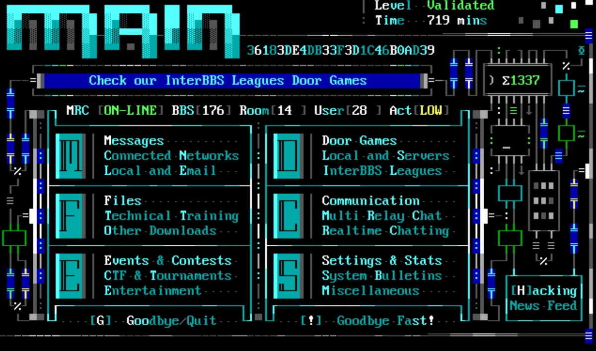 The Bottomless Abyss main menu in cyan and blue ANSI