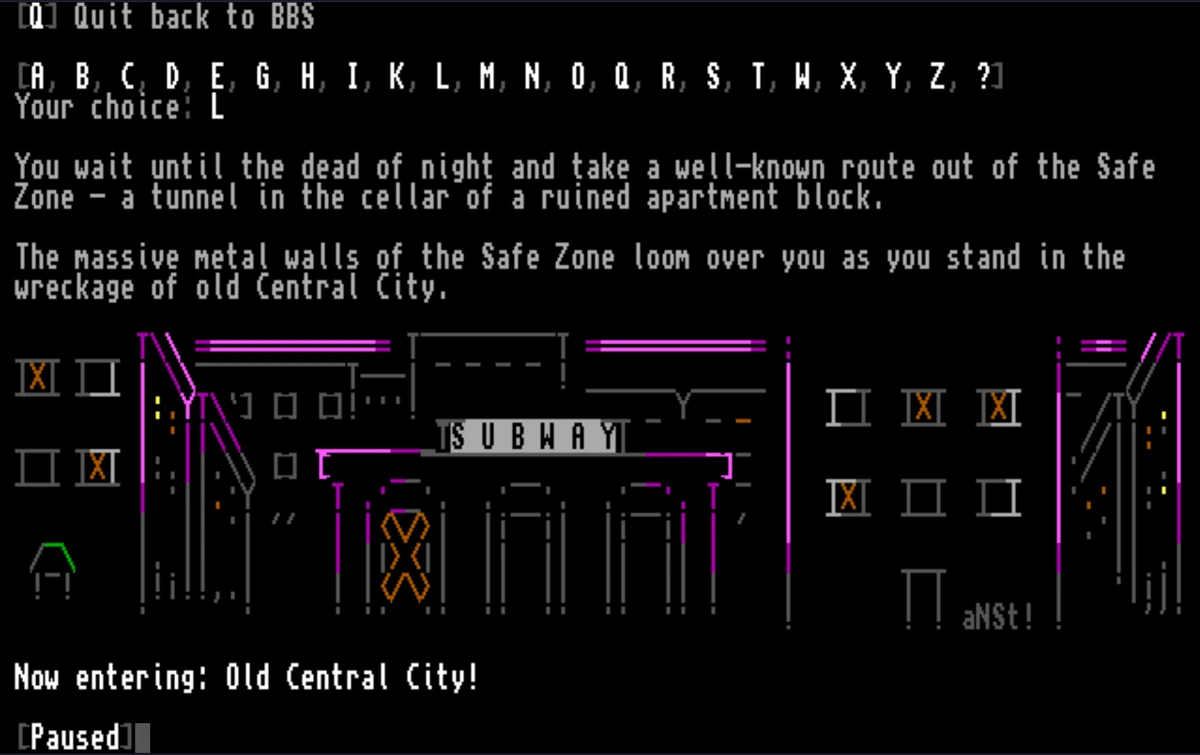 Darkness 2.0 door game entering Old Central City in ANSI art