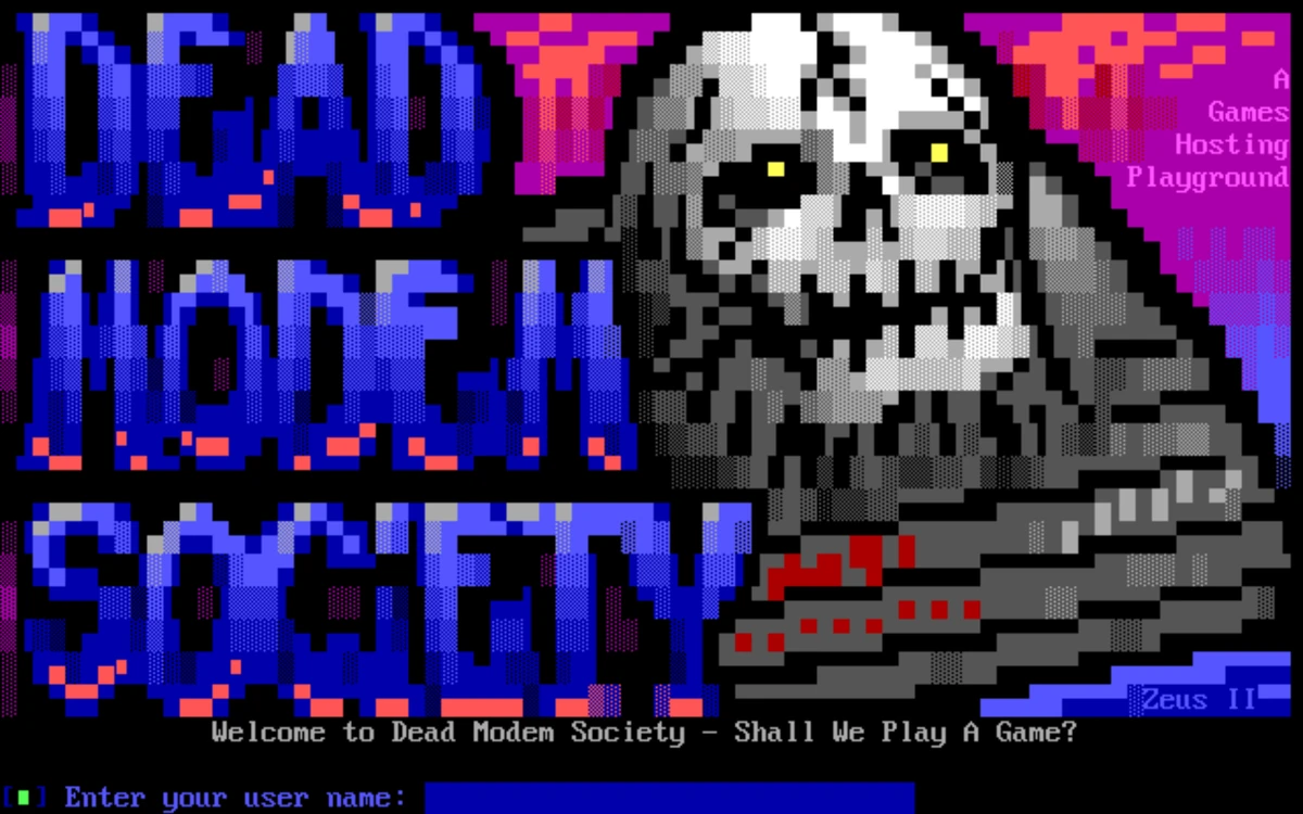 Dead Modem Society login screen in ANSI art