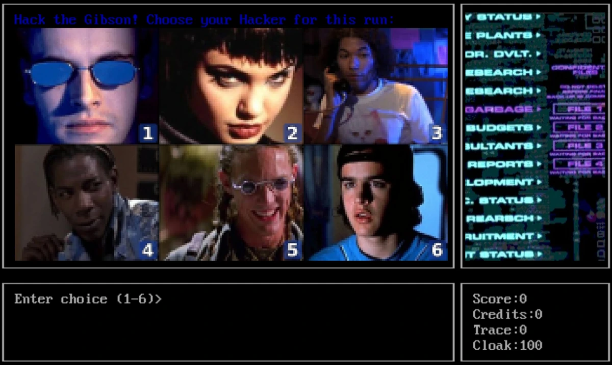 Hack the Gibson character select screen