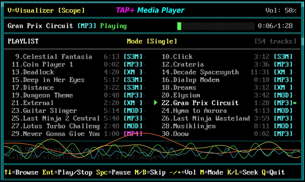 TAP+ Media Player with a module playlist and a waveform visualizer