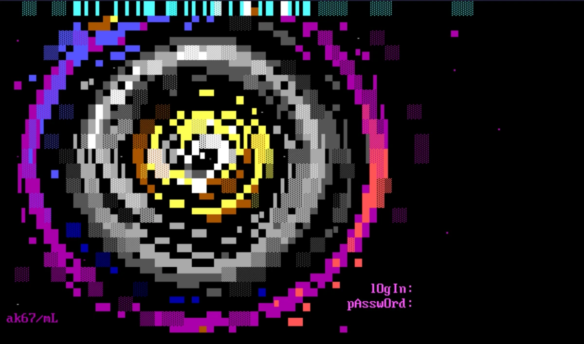 The Quantum Wormhole login prompt over a pixelated ANSI vortex