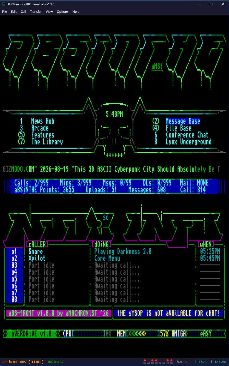 TERMinator Windows - 80x50 screen mode on aBSiNTHE BBS