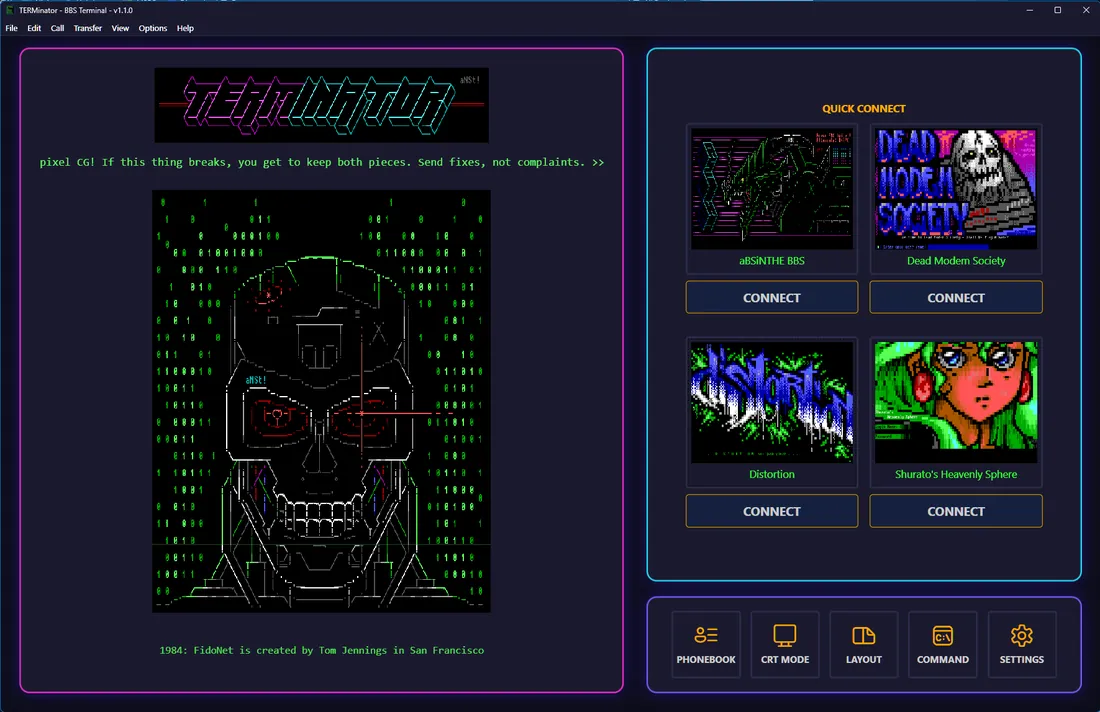 TERMinator main screen on Windows showing ANSI art and quick connect